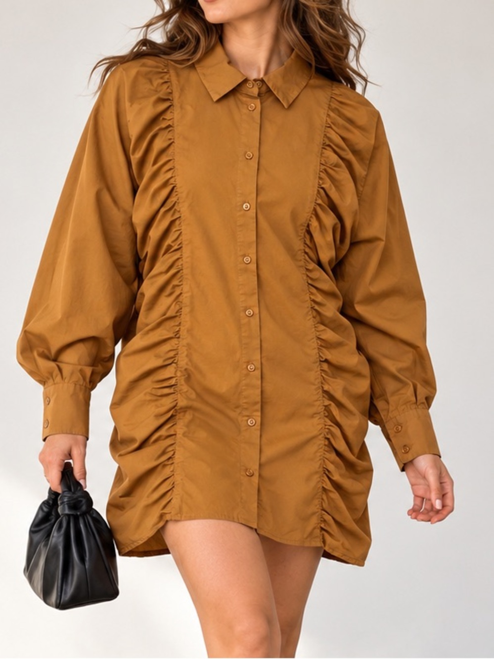 Madison The Label Camel Brown Ruched Button Front Mini Dress Size S